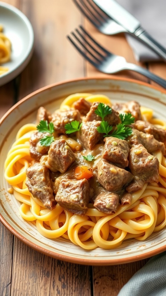 Beef Stroganoff with Egg Noodles served on a plate, garnished with parsley, on a rustic table.